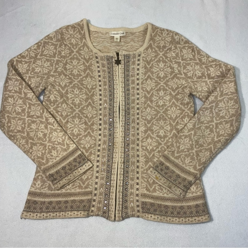 Coldwater Creek Wool Blend SnowFlake Zip Up Cardigan Sweater Small Beaded